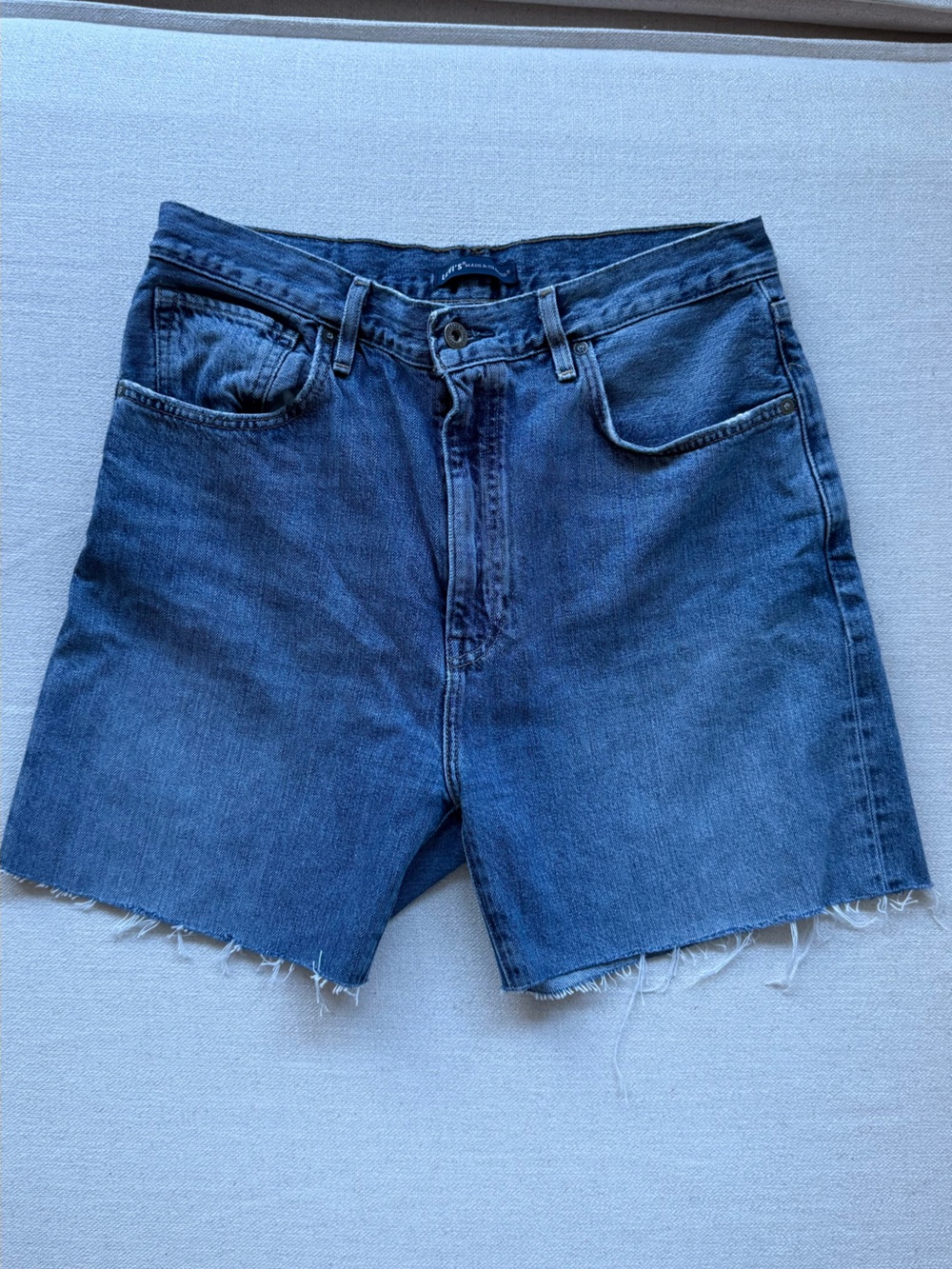 Vintage High-Rise Raw Hem Denim Shorts - Blue
